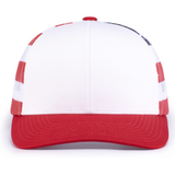 The Augusta Sportswear Printed Flag Trucker Cap is white with a red brim and button, plus red and blue stripes on the side panels.