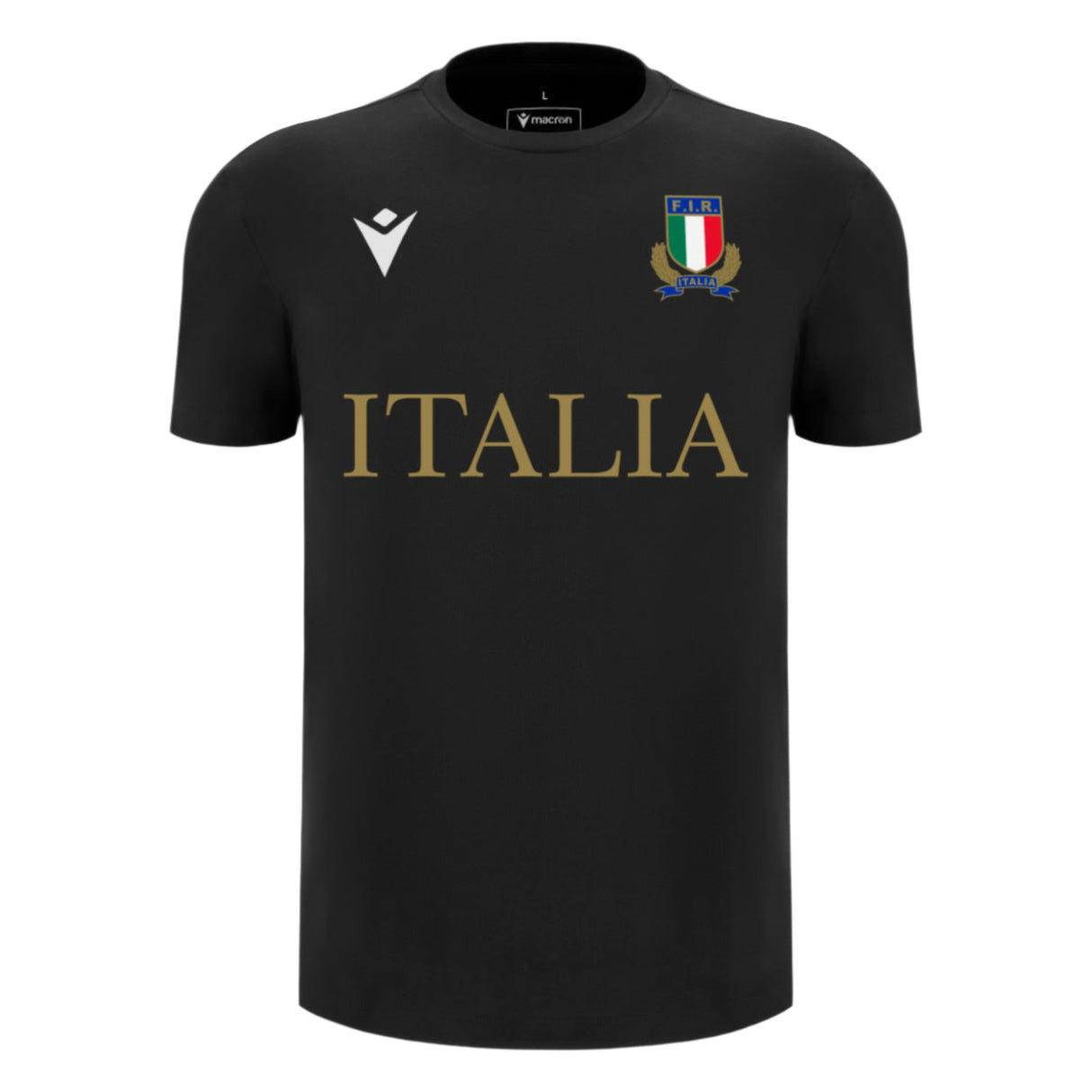 The Italy 25/26 Cotton Supporters Shirt by Macron is black, crafted from soft cotton, with "ITALIA" in gold, the Italian Rugby Federation crest on the left chest, and a Macron logo on the right.