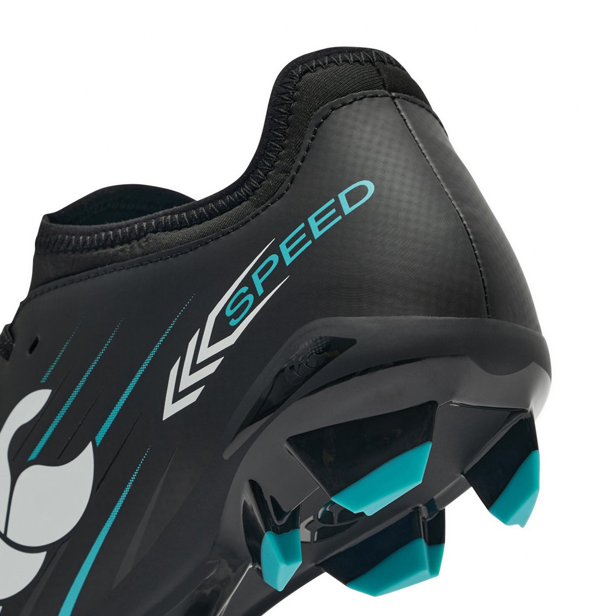 Close-up of the heel of the Canterbury Speed Falcon 2.0 Team FG in Jet Black/Baltic Green, featuring turquoise accents, the word “SPEED,” and visible studs on the outsole—these Canterbury firm ground boots are designed to deliver agility and traction for performance-focused players.