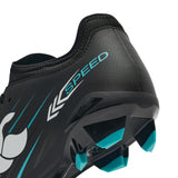 Close-up of the heel of the Canterbury Speed Falcon 2.0 Team FG in Jet Black/Baltic Green, featuring turquoise accents, the word “SPEED,” and visible studs on the outsole—these Canterbury firm ground boots are designed to deliver agility and traction for performance-focused players.
