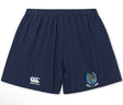 The Columbia Business Yokohama Short by EMB Canterbury features a navy blue design, elastic waistband, Canterbury logo on the left leg, and a shield-shaped lion crest on the right leg.