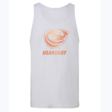 White USA Rugby Bronze Unisex Jersey Tank Top by WRS Alpha Broder with a peach-colored USA Rugby logo on the chest.