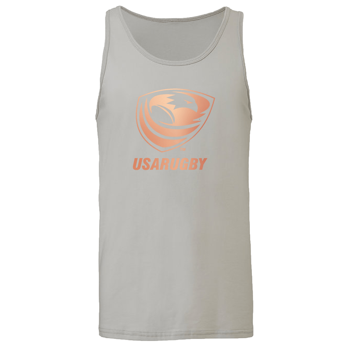 The USA Rugby Bronze Unisex Jersey Tank Top by WRS S&S Activewear features a light gray color and a metallic rose gold USA Rugby logo and text centered on the chest.