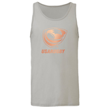The USA Rugby Bronze Unisex Jersey Tank Top by WRS S&S Activewear features a light gray color and a metallic rose gold USA Rugby logo and text centered on the chest.