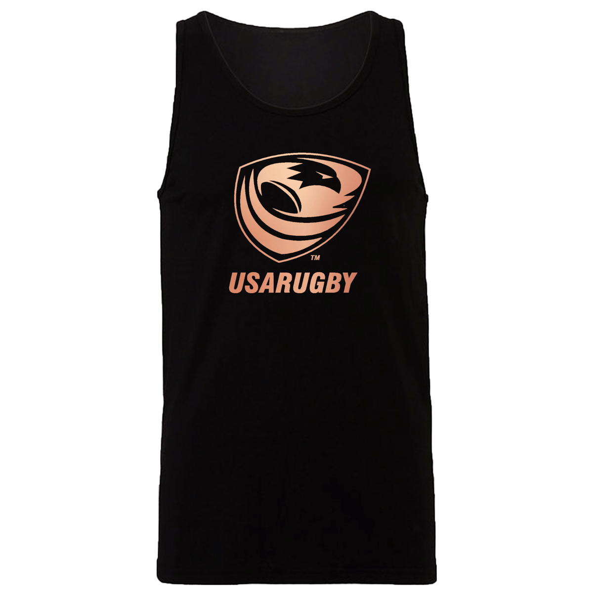The WRS S&S Activewear USA Rugby Bronze Unisex Jersey Tank Top features a gold USA Rugby logo and "USARUGBY" text printed on the front in black.