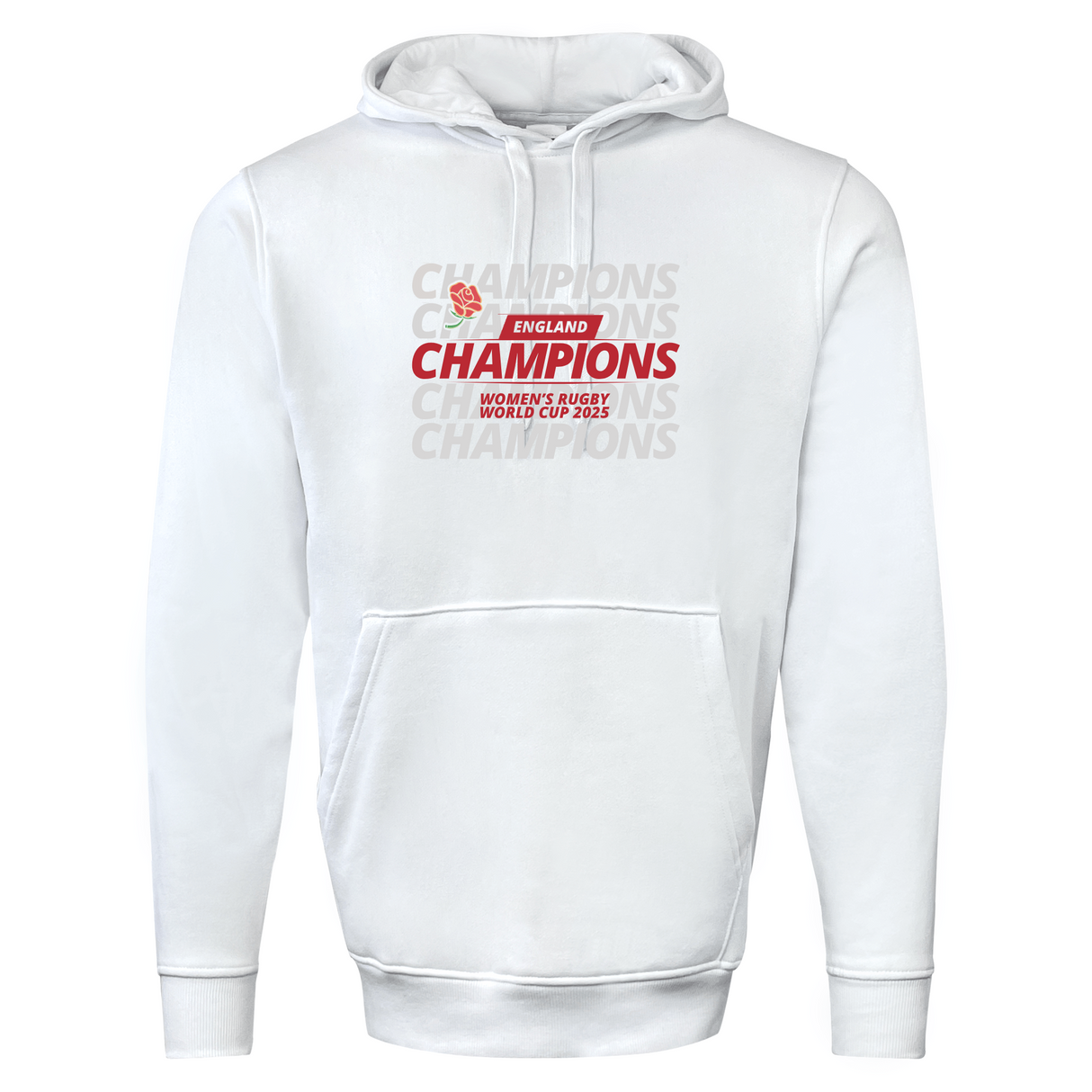 The WRS Augusta England WRWC '25 Champions Hoodie features "ENGLAND CHAMPIONS WOMEN'S RUGBY WORLD CUP 2025" in red and gray with a rose graphic—ideal for England rugby fans and champions.