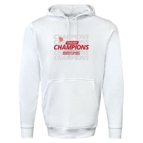 The WRS Augusta England WRWC '25 Champions Hoodie features "ENGLAND CHAMPIONS WOMEN'S RUGBY WORLD CUP 2025" in red and gray with a rose graphic—ideal for England rugby fans and champions.