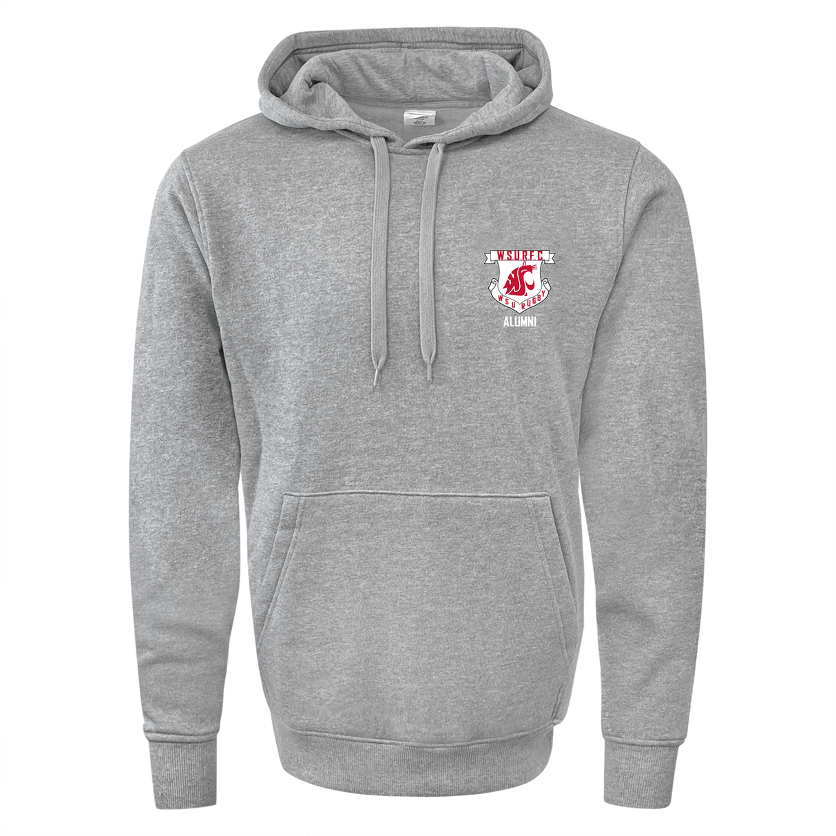 a Washington State Rugby Alumni 60/40 Fleece Pullover Hoodie by WRS Augusta with a red crest on it.