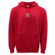 The EMB Augusta USA Rugby Elevated Crest Hoodie is a classic red pullover with a front pocket and a small "USA Rugby" crest patch below the neckline, blending comfort with athletic heritage.