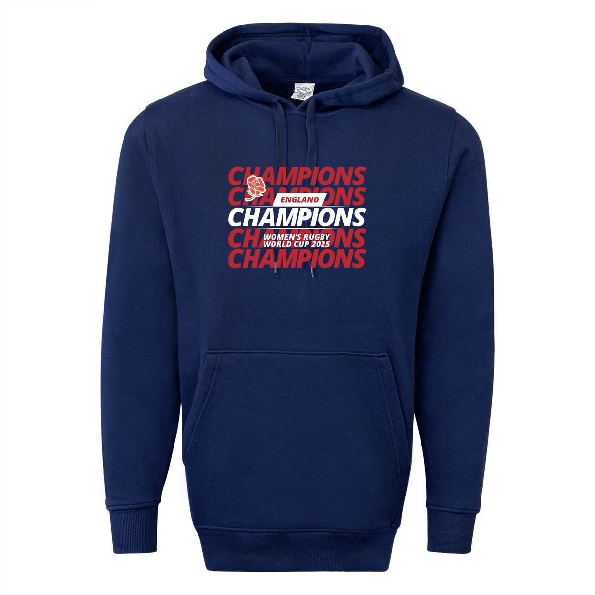 The England WRWC '25 Champions Hoodie by WRS Augusta is a navy blue piece featuring bold red "CHAMPIONS," "England Women's Rugby World Cup 2025," and a red rose logo—a perfect tribute to women's rugby champions.