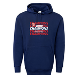 The England WRWC '25 Champions Hoodie by WRS Augusta is a navy blue piece featuring bold red "CHAMPIONS," "England Women's Rugby World Cup 2025," and a red rose logo—a perfect tribute to women's rugby champions.