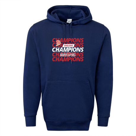 The England WRWC '25 Champions Hoodie by WRS Augusta is a navy blue piece featuring bold red "CHAMPIONS," "England Women's Rugby World Cup 2025," and a red rose logo—a perfect tribute to women's rugby champions.