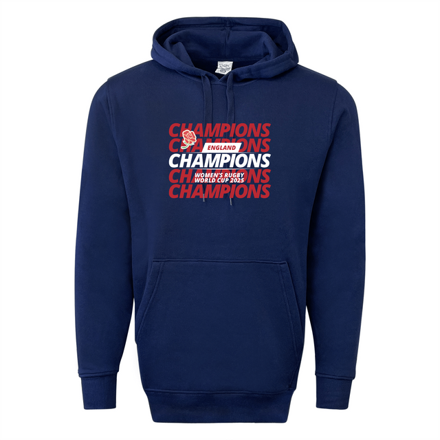 The England WRWC '25 Champions Hoodie by WRS Augusta is a navy blue piece featuring bold red "CHAMPIONS," "England Women's Rugby World Cup 2025," and a red rose logo—a perfect tribute to women's rugby champions.
