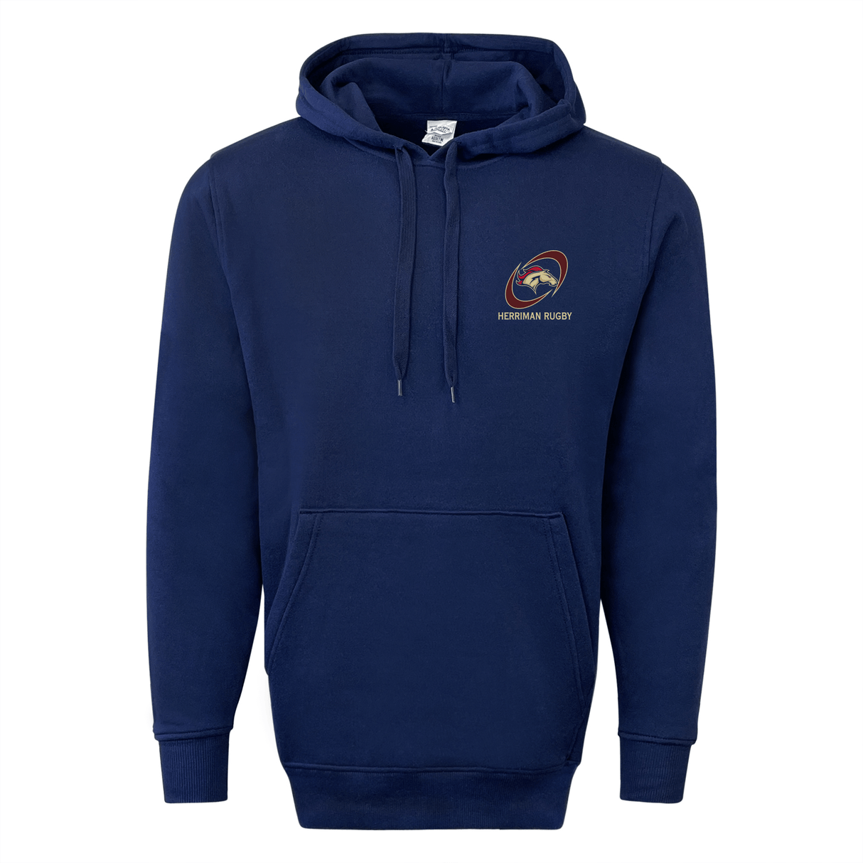 A navy hoodie with a Herriman High School 60/40 Fleece Pullover Hoodie embroidered logo by WRS Augusta.