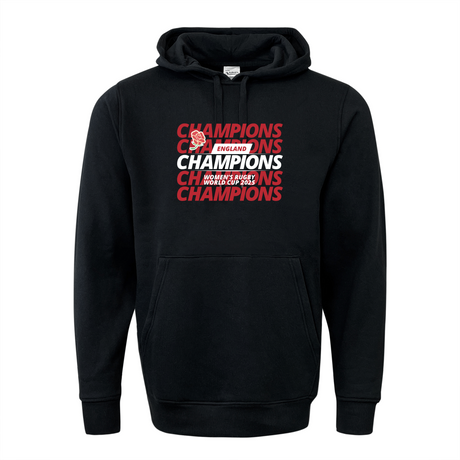 Show your support with the WRS Augusta England WRWC '25 Champions Hoodie—black with "CHAMPIONS" in red and white and "England Women's Rugby World Cup 2021 Champions" on the front. Perfect for women's rugby fans!.