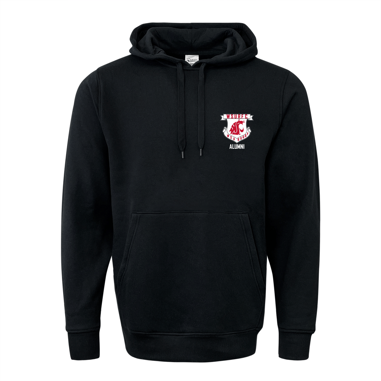 a Washington State Rugby Alumni 60/40 Fleece Pullover Hoodie with a red and white crest on it. (Brand: WRS Augusta)