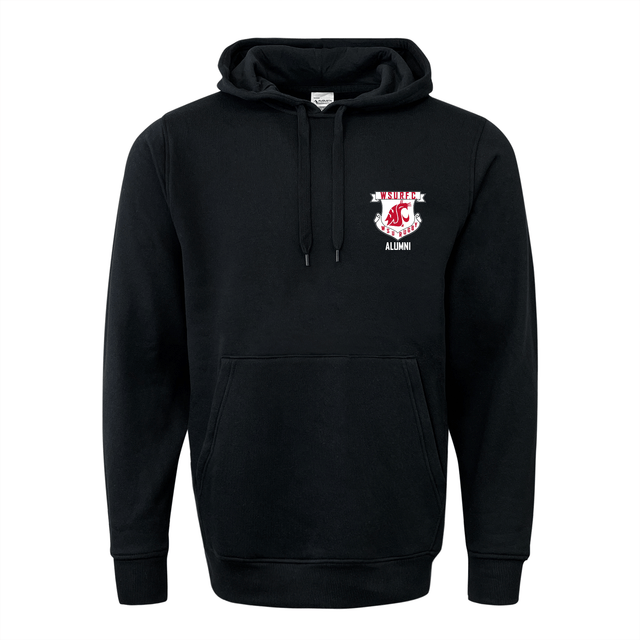 a Washington State Rugby Alumni 60/40 Fleece Pullover Hoodie with a red and white crest on it. (Brand: WRS Augusta)