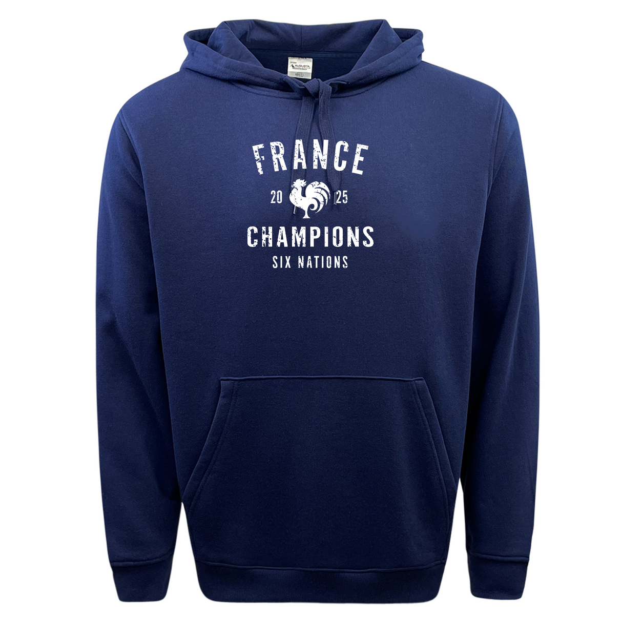 Navy hoodie from the exclusive Champions Collection by WRS Augusta, featuring the "France 6 Nations 2025 Champs" design and a rooster graphic on the front.