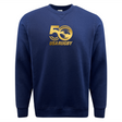 The navy USA Rugby 50th Anniversary Fleece Crewneck Sweatshirt by WRS Augusta features a gold "50" and the official logo on the chest.