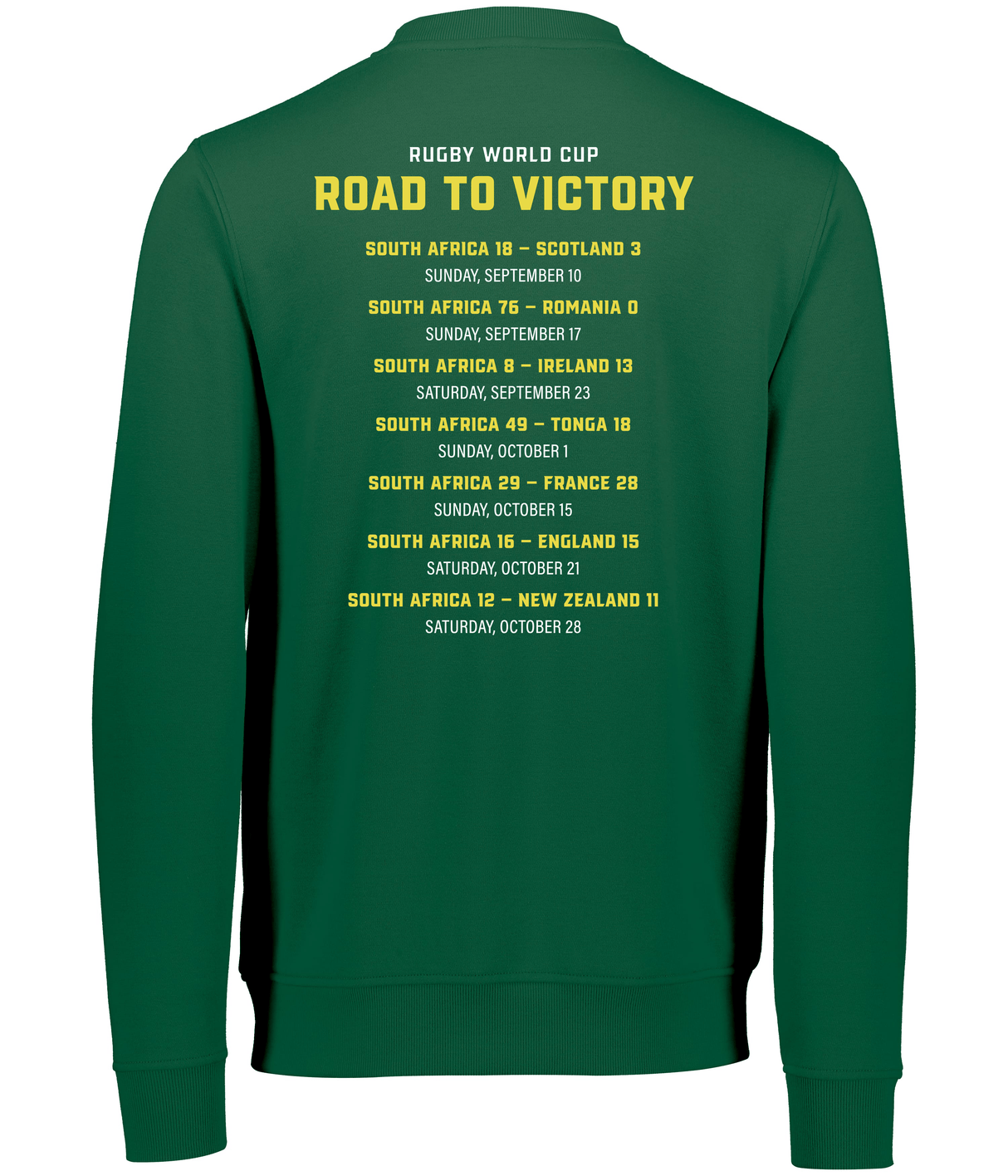 A green South Africa RWC 23 Champions Crewneck Fleece Sweatshirt with the words road to victory on it, perfect for showing support for the RWC 23 Champions, South Africa, from WRS Augusta.