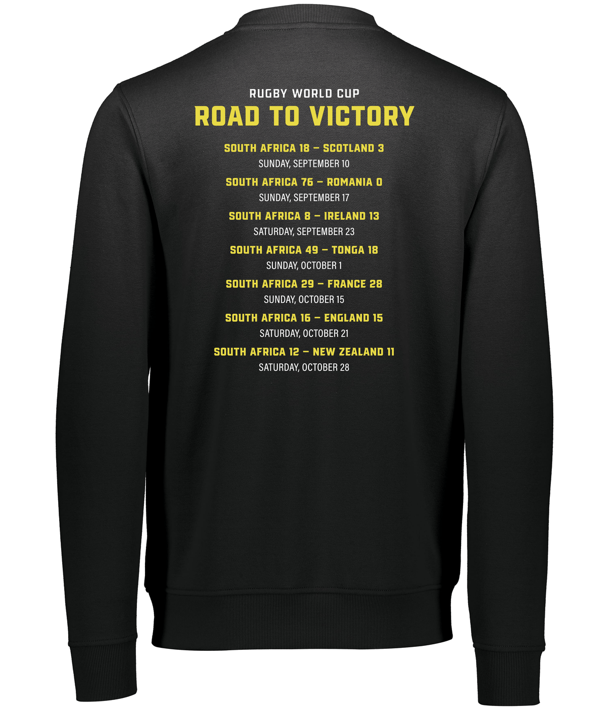 A black WRS Augusta South Africa RWC 23 Champions Crewneck Fleece Sweatshirt representing South Africa's road to victory.