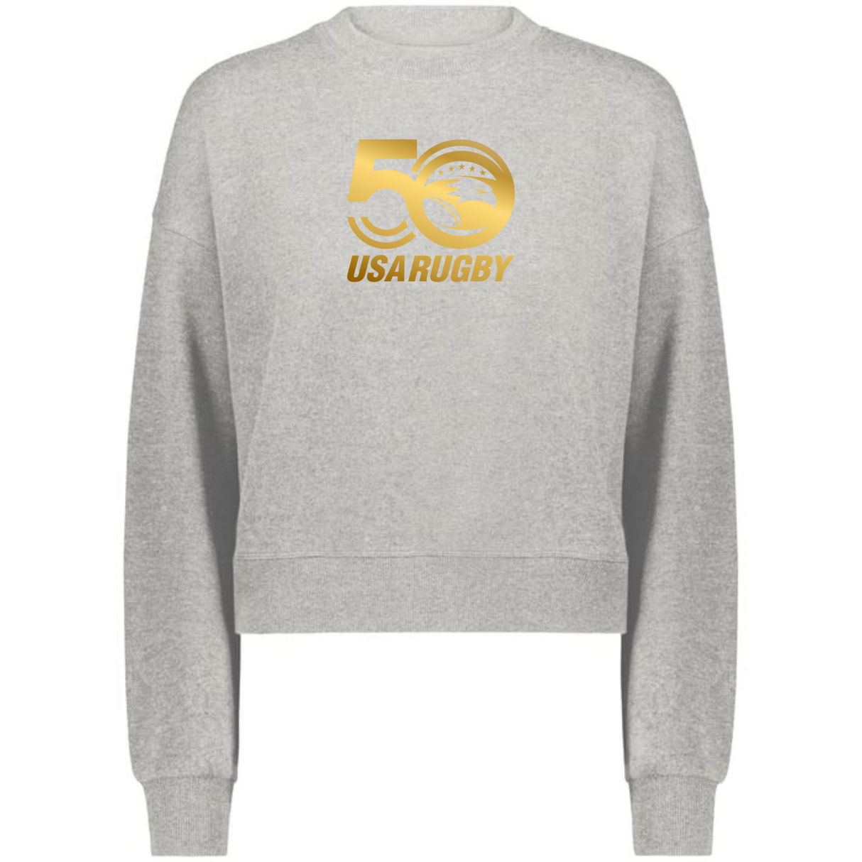 This WRS Augusta Women's USA Rugby 50th Slouchy Crew Sweatshirt offers a comfortable fit, showcasing a gold "50 USA RUGBY" logo on the front, ideal for casual outings.