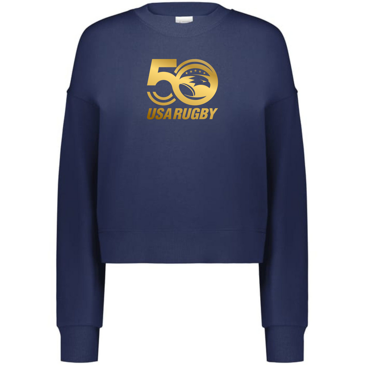 The Women's USA Rugby 50th Slouchy Crew Sweatshirt by WRS Augusta is navy blue with "50 USA Rugby" in gold and a stylized eagle logo. Its slouchy crew cut ensures comfort and style, ideal for showcasing your team spirit.