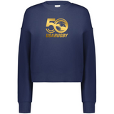 The Women's USA Rugby 50th Slouchy Crew Sweatshirt by WRS Augusta is navy blue with "50 USA Rugby" in gold and a stylized eagle logo. Its slouchy crew cut ensures comfort and style, ideal for showcasing your team spirit.