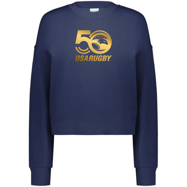 The Women's USA Rugby 50th Slouchy Crew Sweatshirt by WRS Augusta is navy blue with "50 USA Rugby" in gold and a stylized eagle logo. Its slouchy crew cut ensures comfort and style, ideal for showcasing your team spirit.