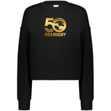 The Women's USA Rugby 50th Slouchy Crew Sweatshirt by WRS Augusta is black and features a striking gold "50 USA Rugby" logo on the front.
