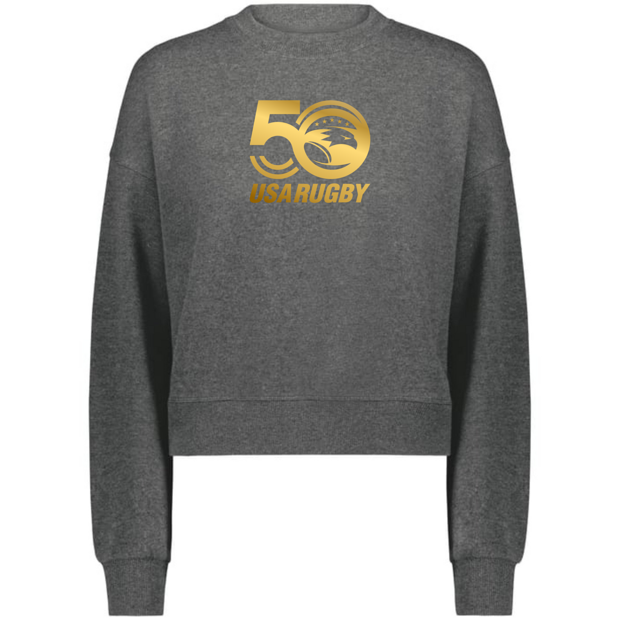 The Women's USA Rugby 50th Slouchy Crew Sweatshirt by WRS Augusta is a gray sweatshirt showcasing a gold "50 USA Rugby" logo, ideal for celebrating the milestone anniversary with comfort and style.