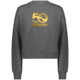 The Women's USA Rugby 50th Slouchy Crew Sweatshirt by WRS Augusta is a gray sweatshirt showcasing a gold "50 USA Rugby" logo, ideal for celebrating the milestone anniversary with comfort and style.