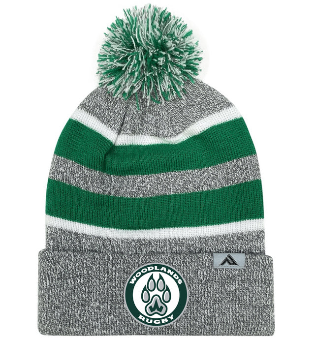 The EMB Augusta Woodlands Youth Paw Print Hooped Beanie features green and white stripes with a paw print logo on the front cuff—stylish gray fan gear perfect for young supporters to display their team spirit.