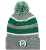 The EMB Augusta Woodlands Youth Paw Print Hooped Beanie features green and white stripes with a paw print logo on the front cuff—stylish gray fan gear perfect for young supporters to display their team spirit.
