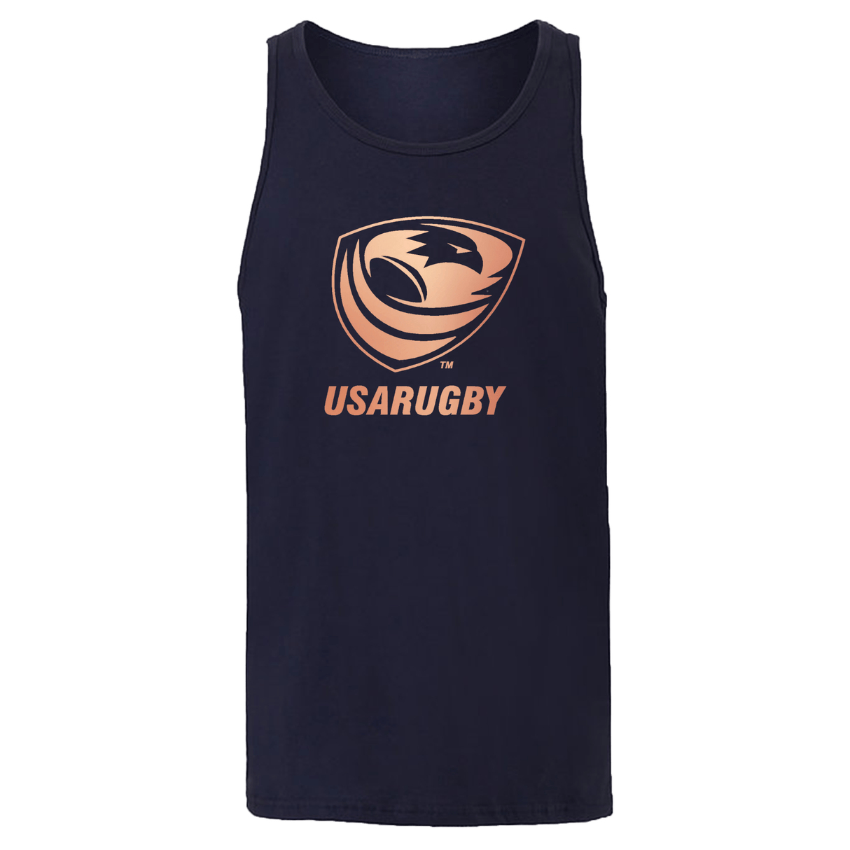 USA Rugby Bronze Unisex Jersey Tank Top by WRS Alpha Broder in navy blue, showcasing a bronze medal-like USA Rugby logo in the center.