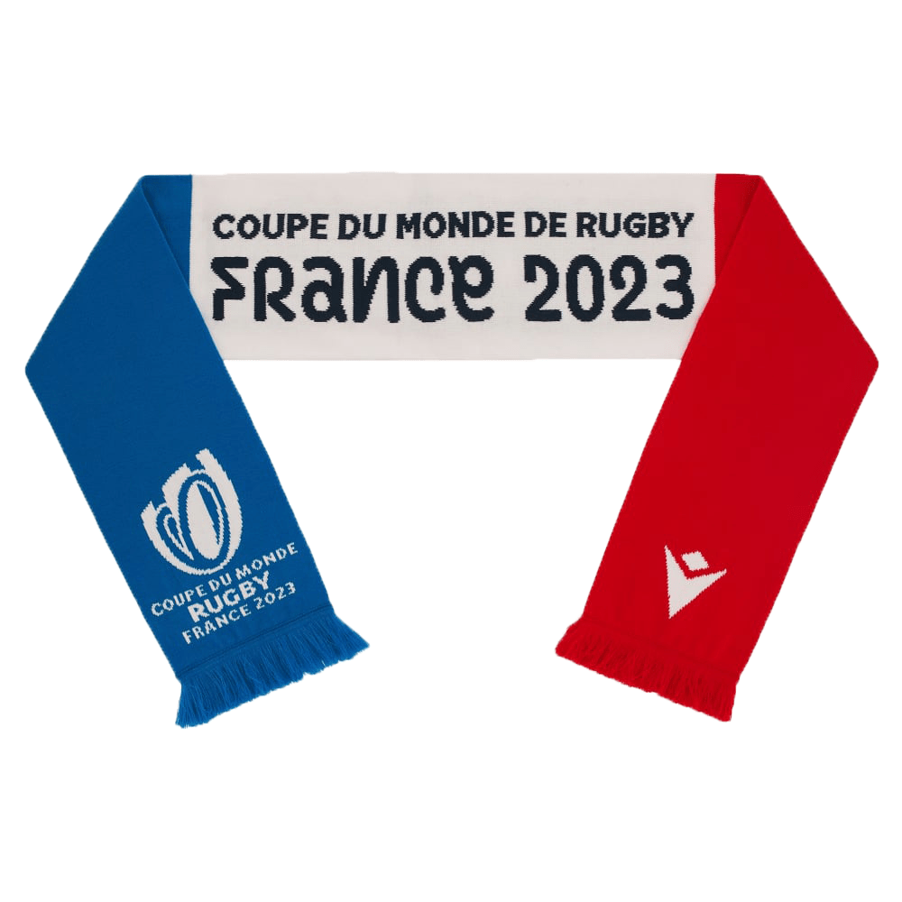 A RWC 2023 Scarf by Macron with the words 'coupe du monde de rugby france 2023'.