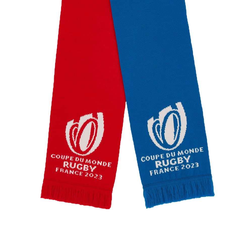 A red and blue RWC 2023 Scarf by Macron with the word rugby on it.