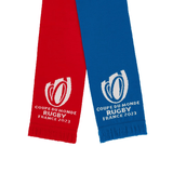 A red and blue RWC 2023 Scarf by Macron with the word rugby on it.