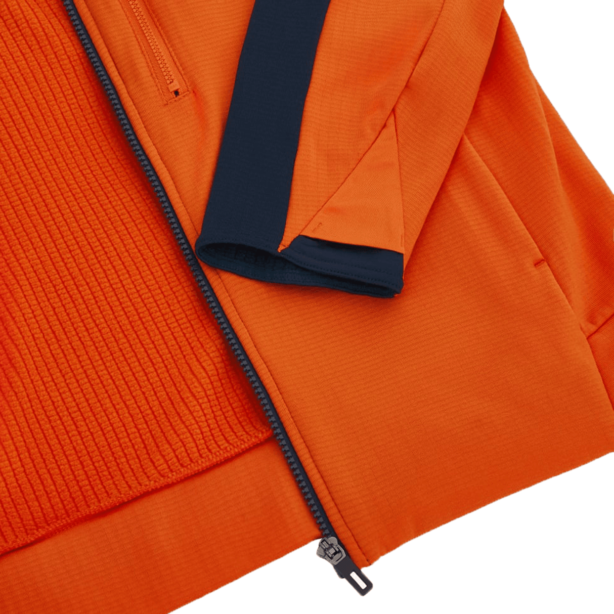 A close up of the RWC23 Full Zip 3D Hoody by Macron, a men's orange jacket with blue zippers, perfect for the Rugby World Cup France 2023.