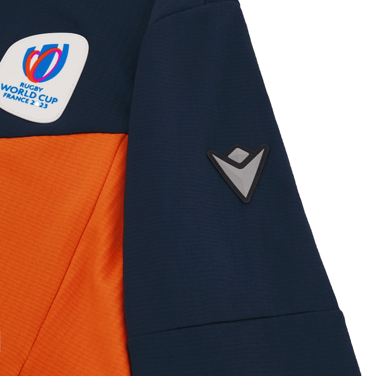 A blue and orange jacket with the Macron RWC23 Full Zip 3D Hoody logo on it.