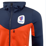 A blue and orange RWC23 Full Zip 3D Hoody by Macron, perfect for Rugby World Cup France 2023 fans.