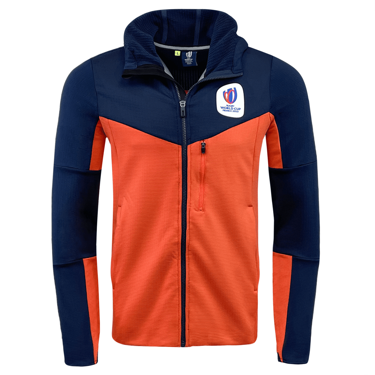 The Macron RWC23 Full Zip 3D Hoody in orange and blue, featuring a distinctive Rugby World Cup France 2023 design by Macron.