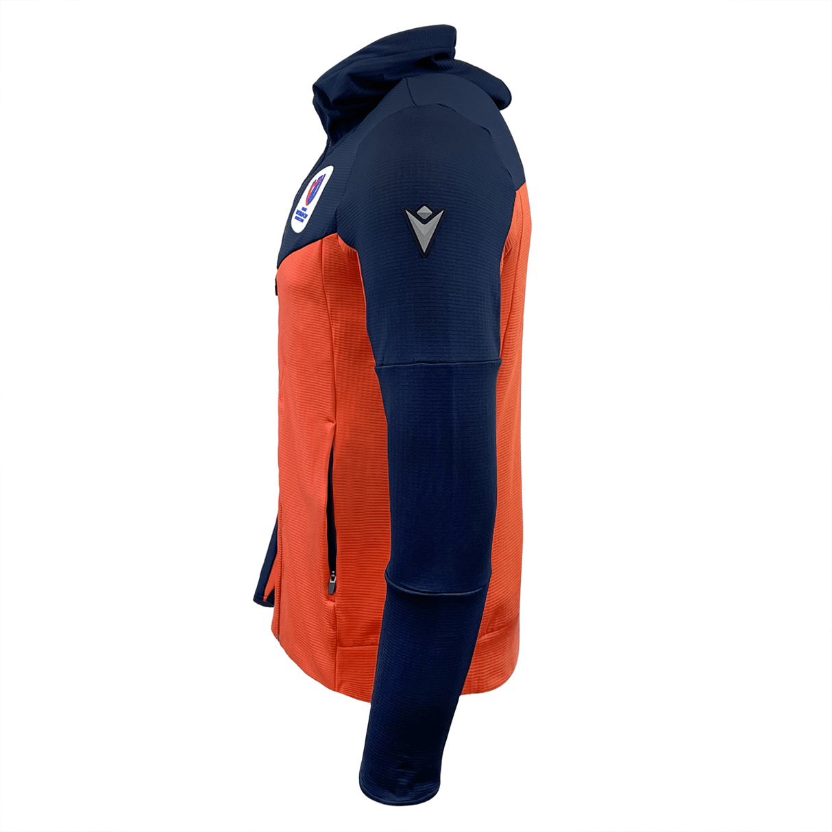 The RWC23 Full Zip 3D Hoody by Macron, featuring the iconic orange and blue colors, is perfect for avid fans.