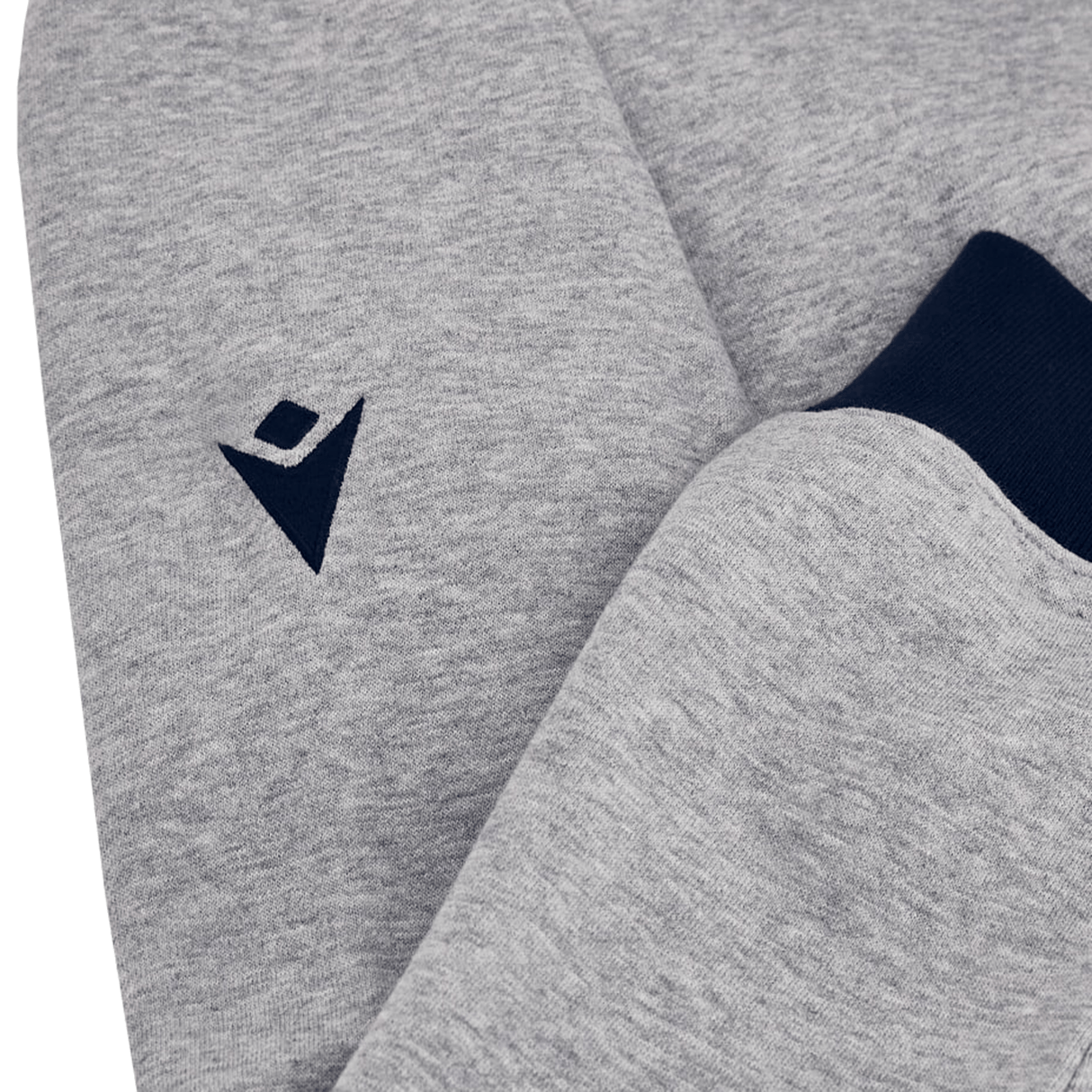Close-up of a grey cotton hoody with a small RWC23 Emblem Brushed Fleece Cotton Hoody by Macron blue logo and navy blue sleeve detail.