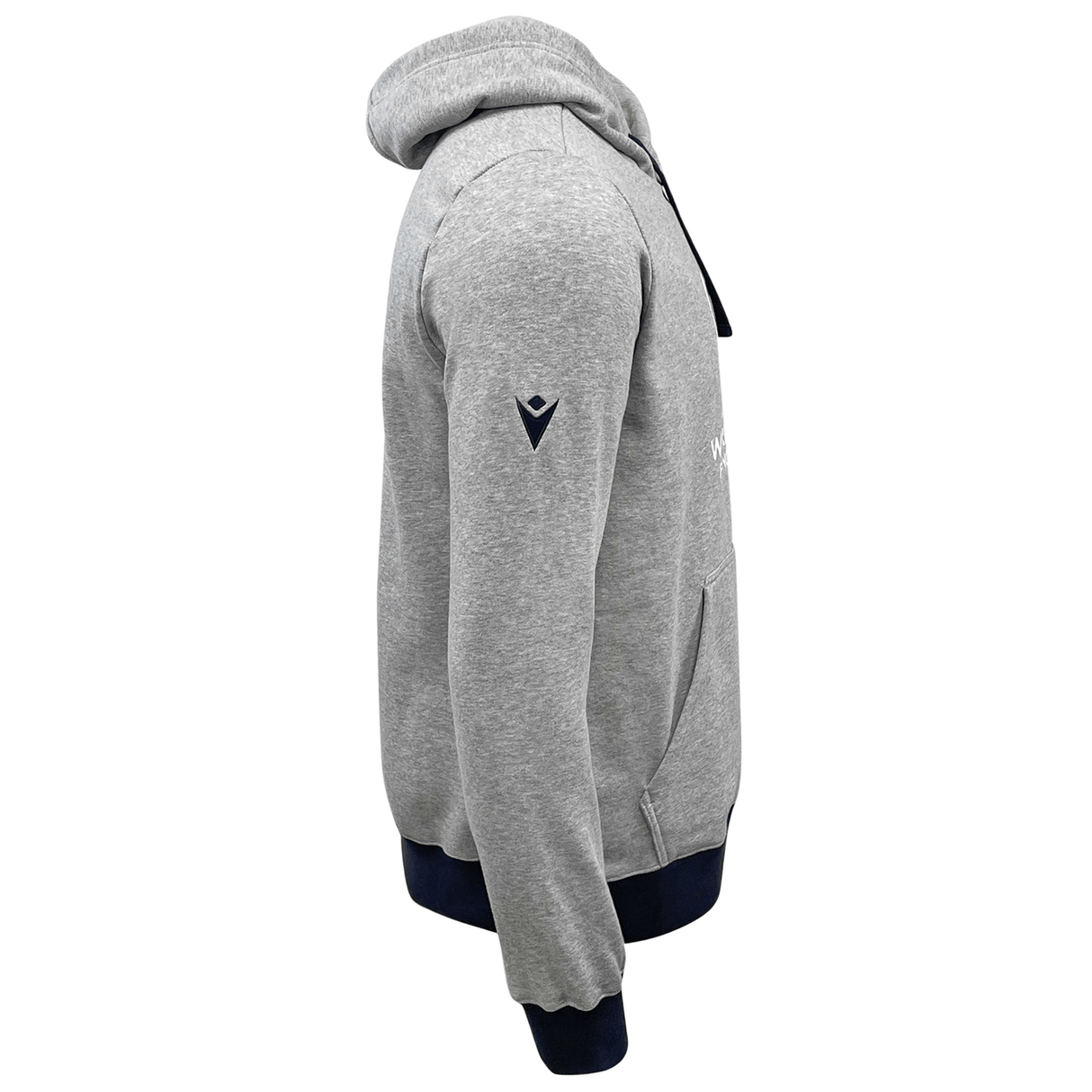 Side view of a person wearing a grey RWC23 Emblem Brushed Fleece Cotton Hoody by Macron with the Rugby World Cup France 2023 logo on the left arm.