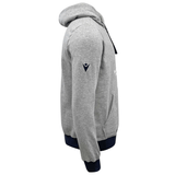 Side view of a person wearing a grey RWC23 Emblem Brushed Fleece Cotton Hoody by Macron with the Rugby World Cup France 2023 logo on the left arm.