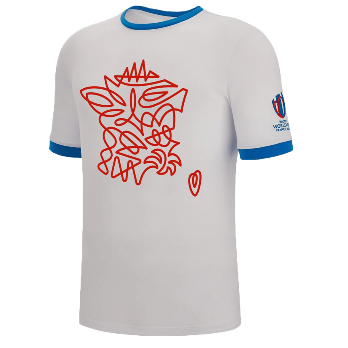 A white RWC23 France Logo Poly/Cotton Tee by Macron, featuring the Macron logo.
