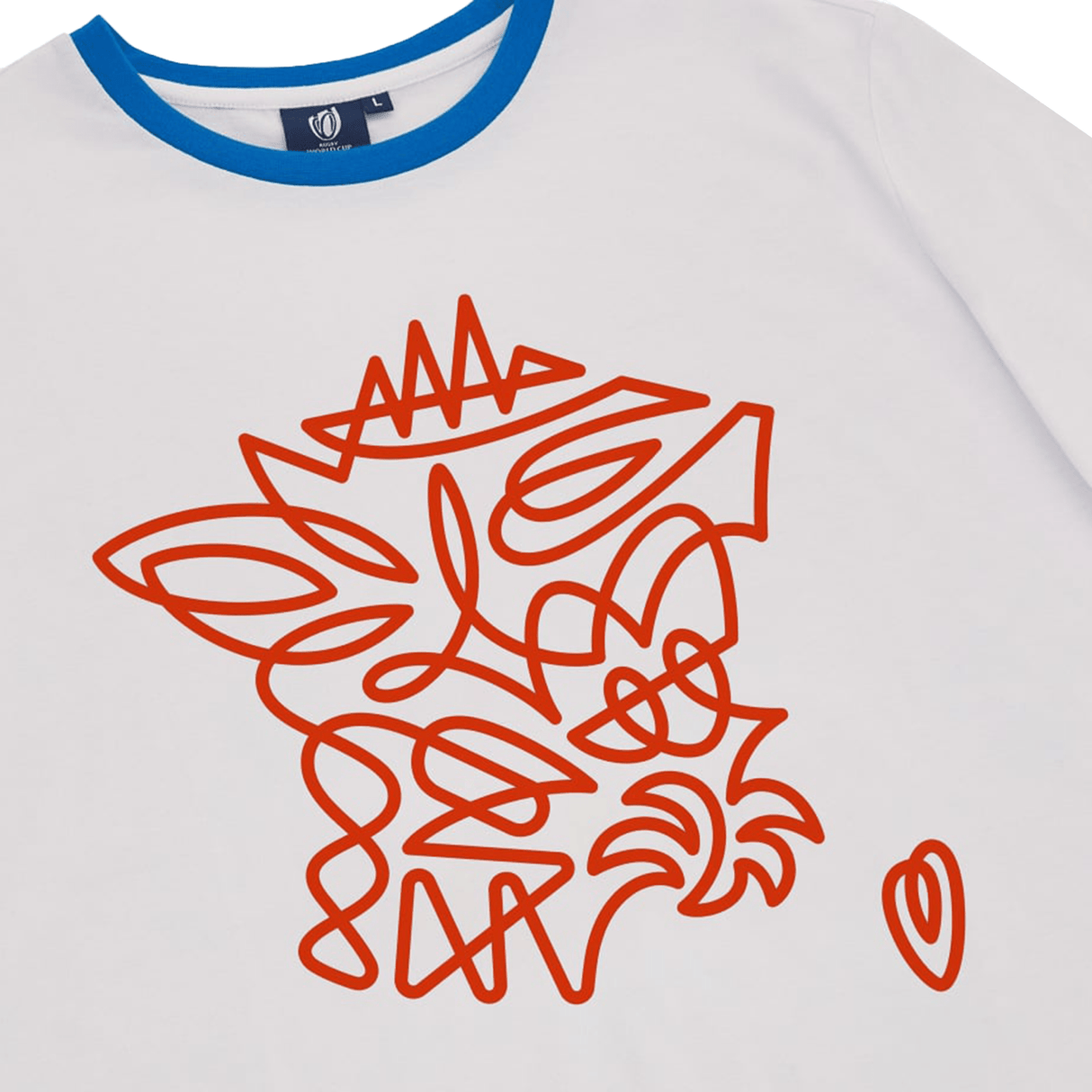 A white RWC23 France Logo Poly/Cotton Tee by Macron with a drawing of Macron on it.