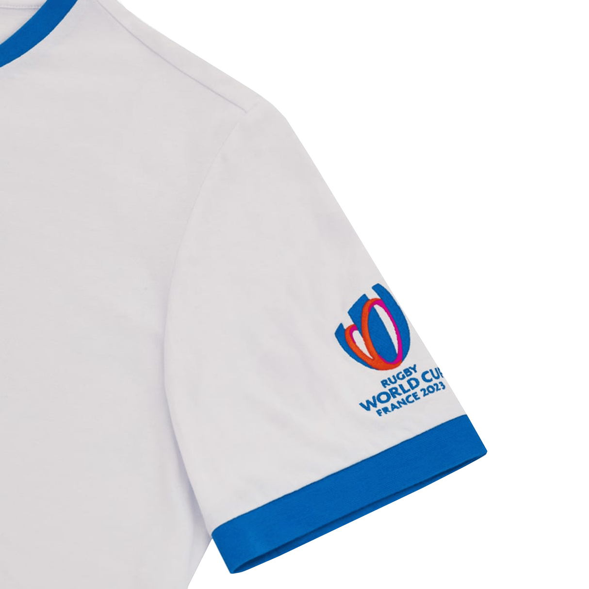 A white RWC23 France Logo Poly/Cotton Tee by Macron with the France World Cup logo on it, sponsored by Macron.