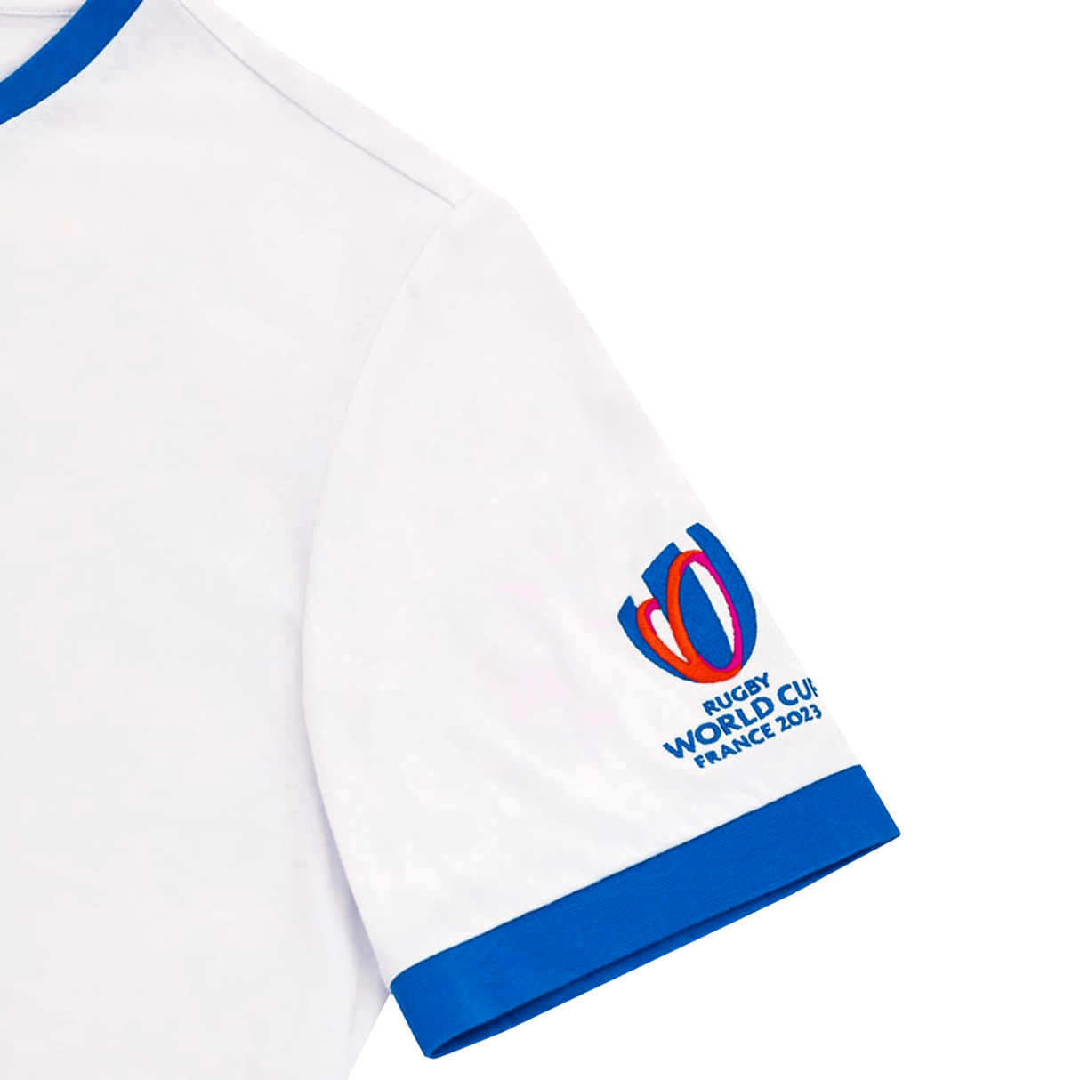 A white and blue shirt with the RWC23 20 Nations Poly/Cotton Tee by Macron logo on it.
